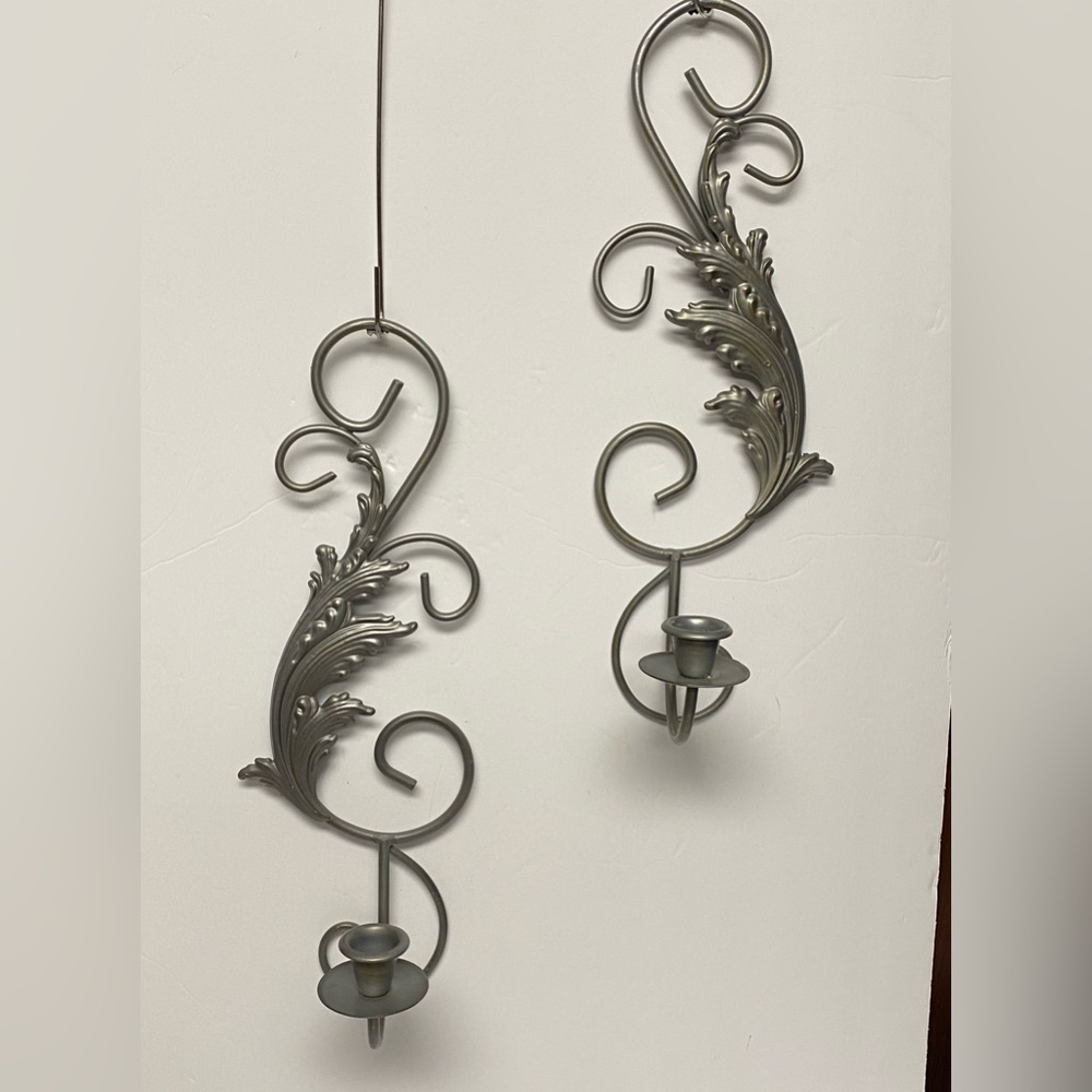 Home Interiors Sconces Silver Metal Scroll Leaf Candesticks Set